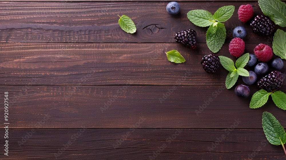 Fresh Berries and Mint Leaves on Wooden Table - Natural and Vibrant Fruit Composition