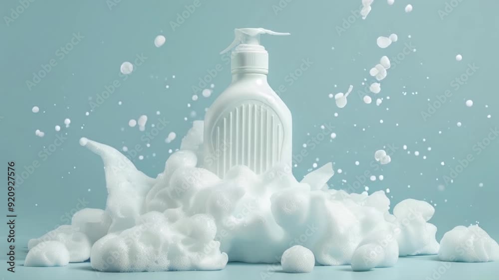 A white bottle surrounded by a burst of foamy white soap suds, set against a light blue background A white bottle surrounded by a burst of foamy white soap suds, set against a light blue background