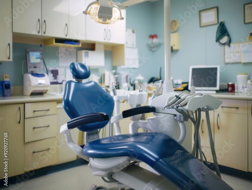 Dental clinic interior with an examination chair and dental equipment during daylight