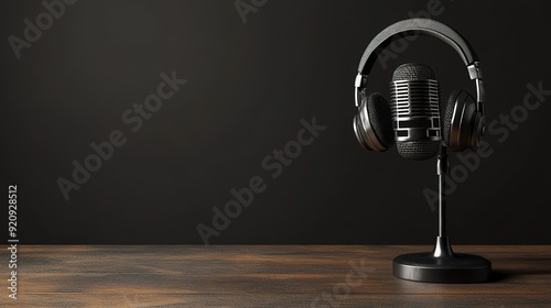 Podcasting and radio concept with retro microphone and headphones on empty wooden table and dark blank wall background with place for your logo or text. 3D rendering, mock up