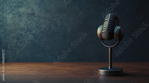 Podcasting and radio concept with retro microphone and headphones on empty wooden table and dark blank wall background with place for your logo or text. 3D rendering, mock up