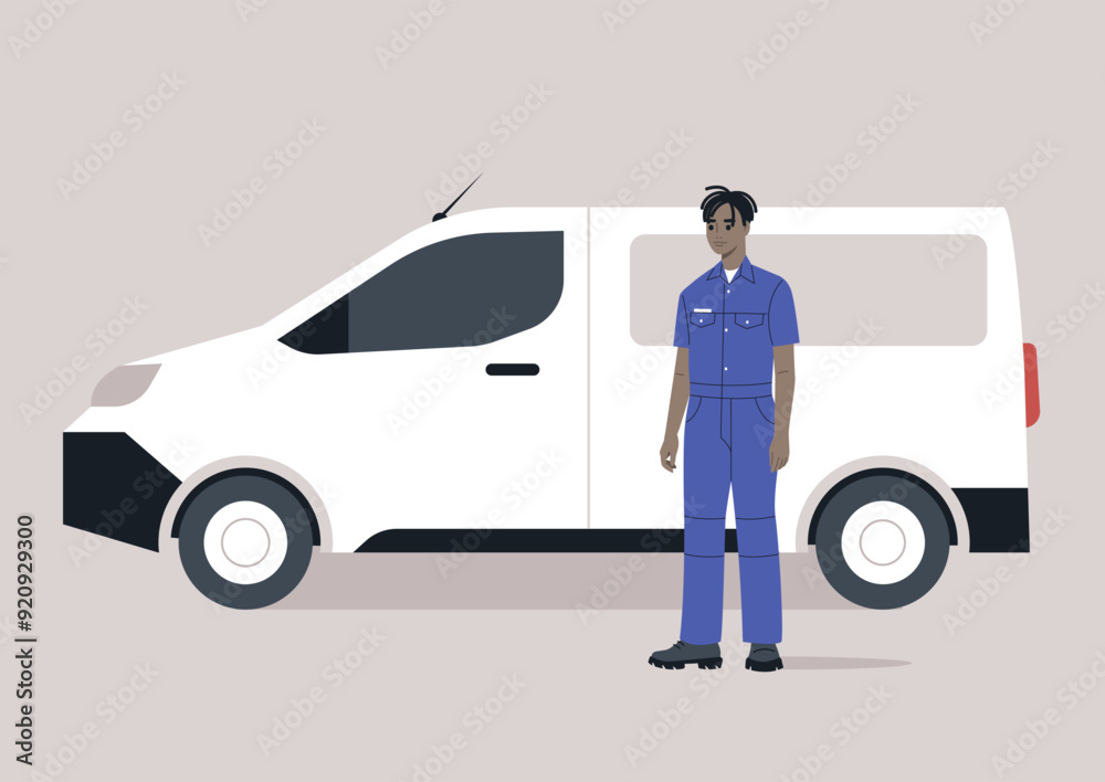 A worker in a blue jumpsuit stands confidently beside a white utility van, ready for a day of work in a modern setting A worker in a blue jumpsuit stands confidently beside a white utility van, ready for a day of work in a modern setting
