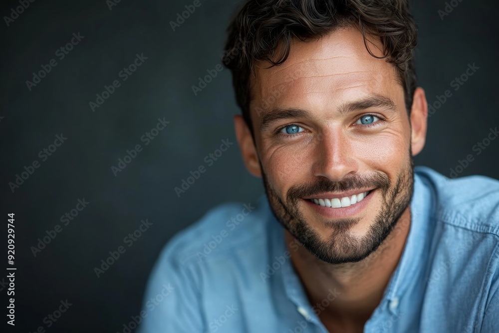 A cheerful man with a trimmed beard smiles warmly, showcasing his sparkling blue eyes while wearing a light blue shirt in an engaging closeup session A cheerful man with a trimmed beard smiles warmly, showcasing his sparkling blue eyes while wearing a light blue shirt in an engaging closeup session