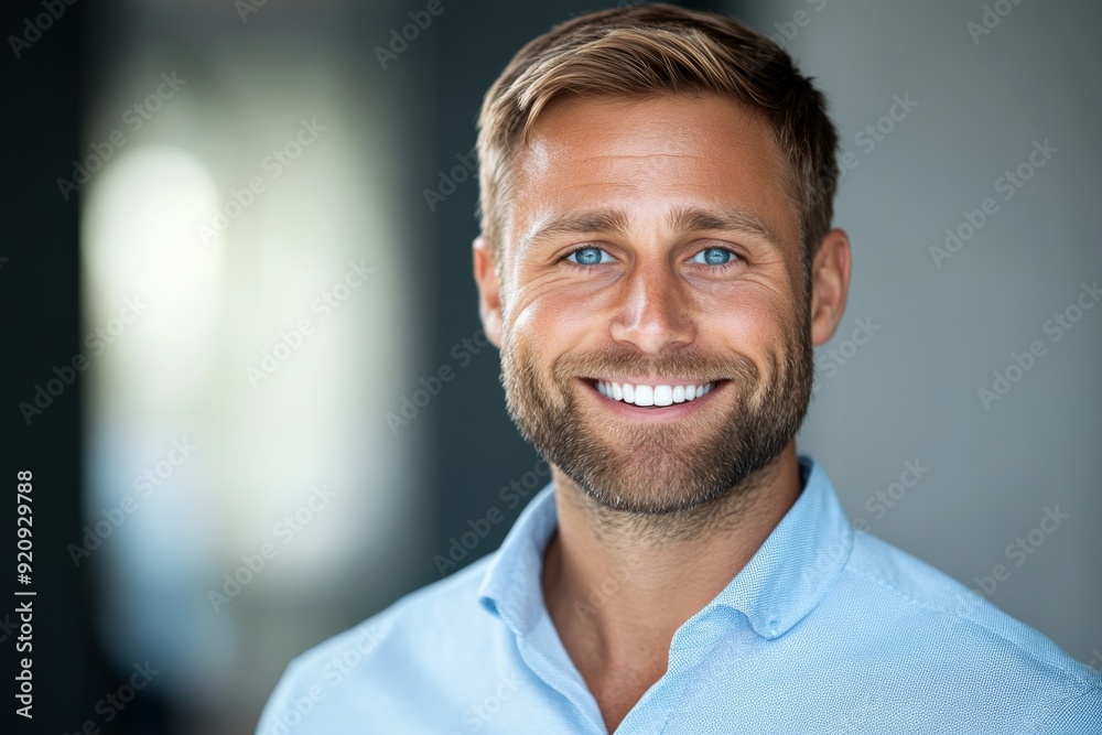 A cheerful man grins widely, showcasing his trimmed beard and sparkling blue eyes while dressed in a light blue shirt, embodying positivity in a warm setting A cheerful man grins widely, showcasing his trimmed beard and sparkling blue eyes while dressed in a light blue shirt, embodying positivity in a warm setting