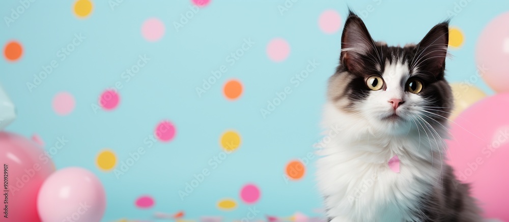 Cute Cat with Balloons and Confetti on colorful pastel background with copy space on the right side. AI generated image Cute Cat with Balloons and Confetti on colorful pastel background with copy space on the right side. AI generated image
