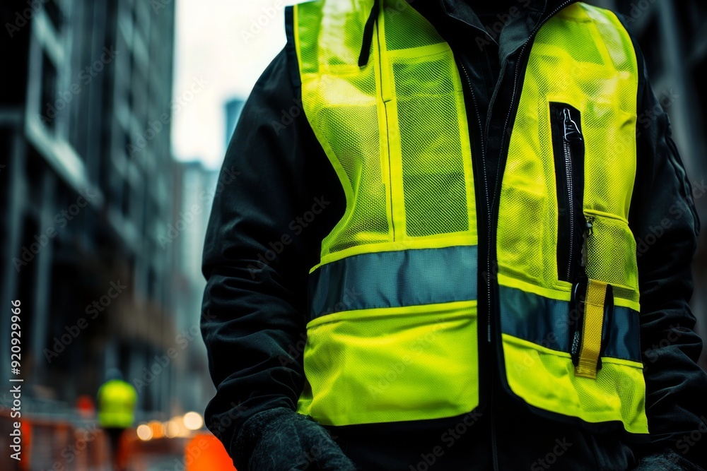 A worker wears a bright yellow reflective safety vest with black zippers and stripes while engaged in construction activity in a city environment A worker wears a bright yellow reflective safety vest with black zippers and stripes while engaged in construction activity in a city environment