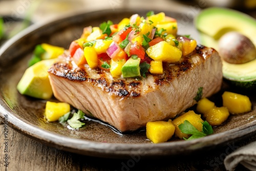 Grilled tuna steak is beautifully presented on a plate topped with fresh mango salsa and garnished with avocado, highlighting gourmet culinary artistry photo