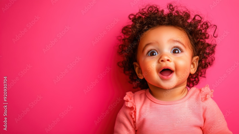 Happy toddler with curly hair and bright eyes in a pink outfit, smiling against a vibrant pink background. Happy toddler with curly hair and bright eyes in a pink outfit, smiling against a vibrant pink background.