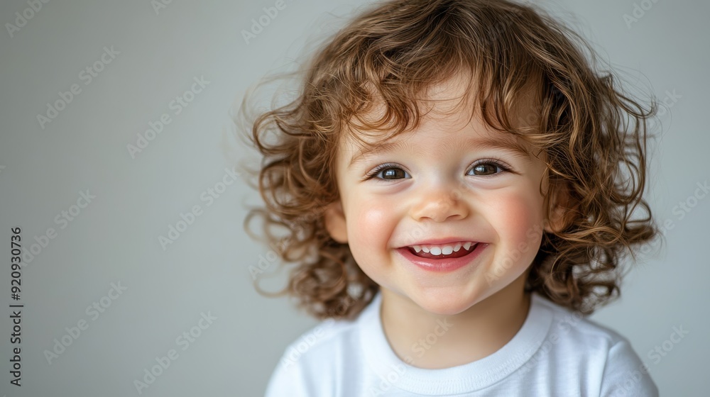 Happy toddler boy with a big smile, showing his teeth, looking upwards with joy, against a light background. Happy toddler boy with a big smile, showing his teeth, looking upwards with joy, against a light background.