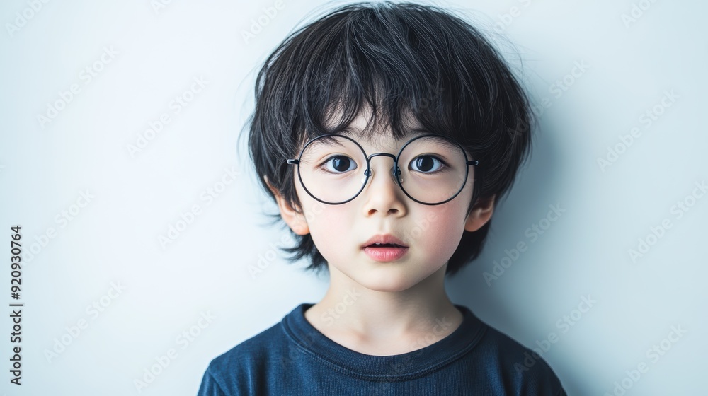 Young asian boy with round glasses and dark hair, looking curiously at the camera against a light background. Young asian boy with round glasses and dark hair, looking curiously at the camera against a light background.