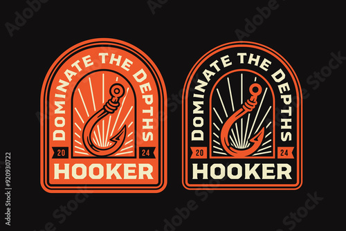 Fish hook retro badge logo graphic for navy shipping and fishing company brand identity. Sharp fishing hook vintage emblem logo collection for fisherman wanderlust and adventure. Decoy or bait logo