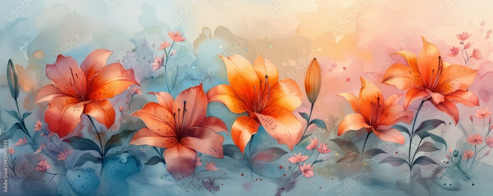 A painting of four orange lilies with green leaves A painting of four orange lilies with green leaves