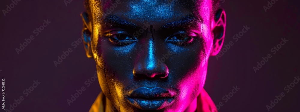 A man's face is bathed in blue and pink lights, standing before a purple backdrop A man's face is bathed in blue and pink lights, standing before a purple backdrop