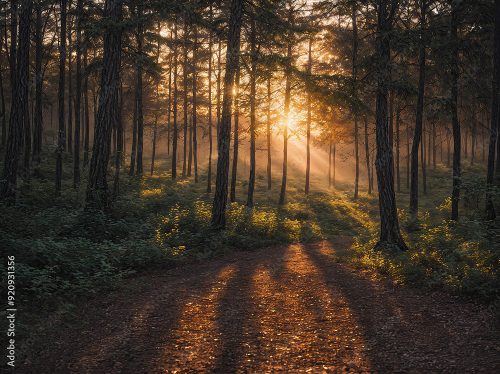 Fototapeta premium A forest with a path in the middle and trees on both sides