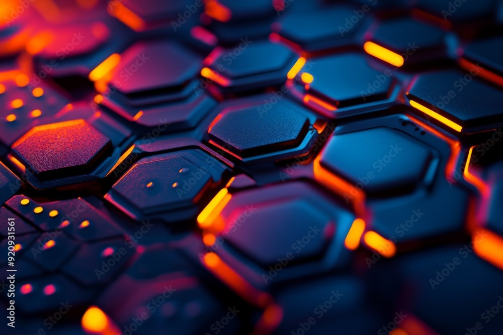 Dark hexagons form an abstract pattern, enhanced by vibrant lighting, creating a striking visual effect on the textured surface Dark hexagons form an abstract pattern, enhanced by vibrant lighting, creating a striking visual effect on the textured surface