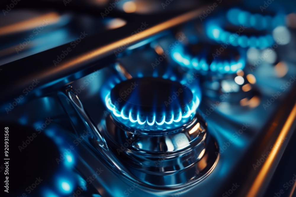 Bright blue flames flicker from a gas stove burner, illuminating metal surfaces and emphasizing the element of cooking in a modern kitchen Bright blue flames flicker from a gas stove burner, illuminating metal surfaces and emphasizing the element of cooking in a modern kitchen