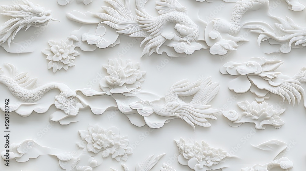 Fototapeta premium Relief artwork depicts dragons and phoenixes with intricate details surrounded by auspicious clouds on a subtle light gray wall SEAMLESS PATTERN