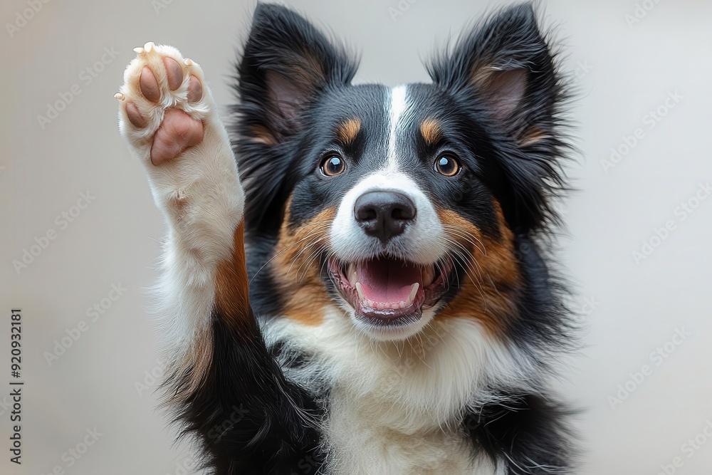 playful pet portrait border collie with paw raised for highfive white studio background expressive eyes glossy coat playful pet portrait border collie with paw raised for highfive white studio background expressive eyes glossy coat