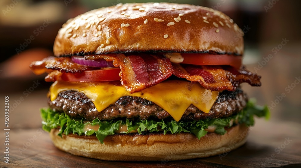 Isolated grilled beef patty in bun with cheese, lettuce, tomato, and onion served with crispy fries on white plate