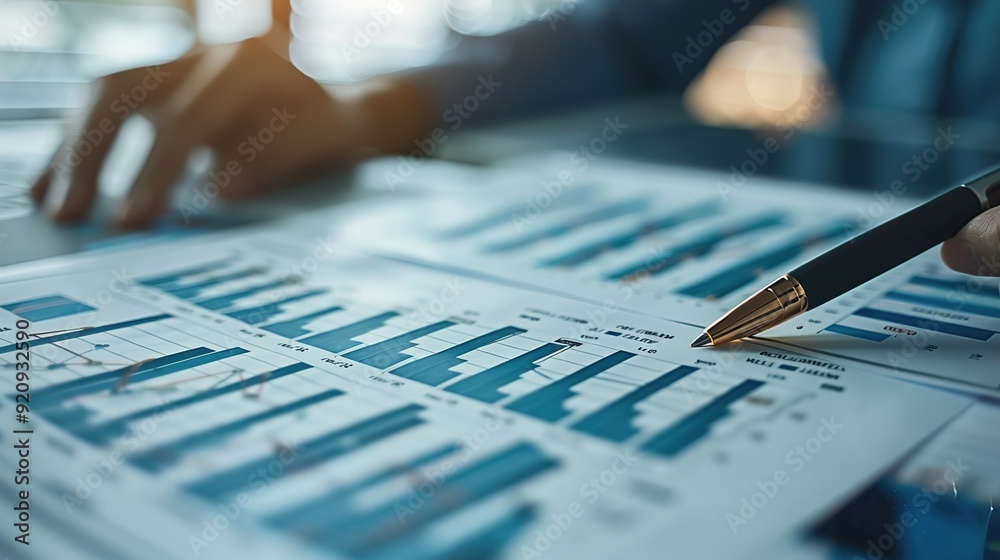 Close-up of a Pen Pointing to Bar Graphs on a Spreadsheet