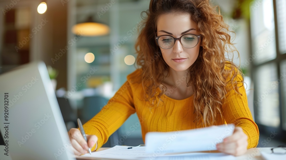 Futuristic Female Accountant Analyzing Holographic Tax Forms in Modern Office Setting Futuristic Female Accountant Analyzing Holographic Tax Forms in Modern Office Setting