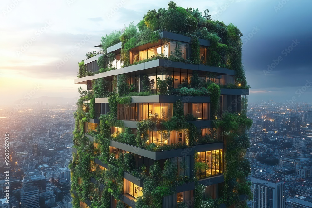 Obraz premium sustainable skyscraper with vertical gardens solar panels green terraces futuristic ecodesign cityscape backdrop