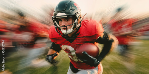 American football player running the ball on the field, motion blur