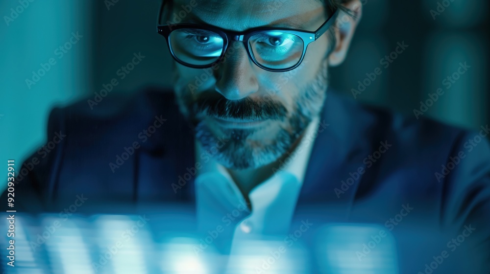 Modern Business Executive Analyzing Holographic Tax Records with Advanced Technology in Finance Sector Modern Business Executive Analyzing Holographic Tax Records with Advanced Technology in Finance Sector