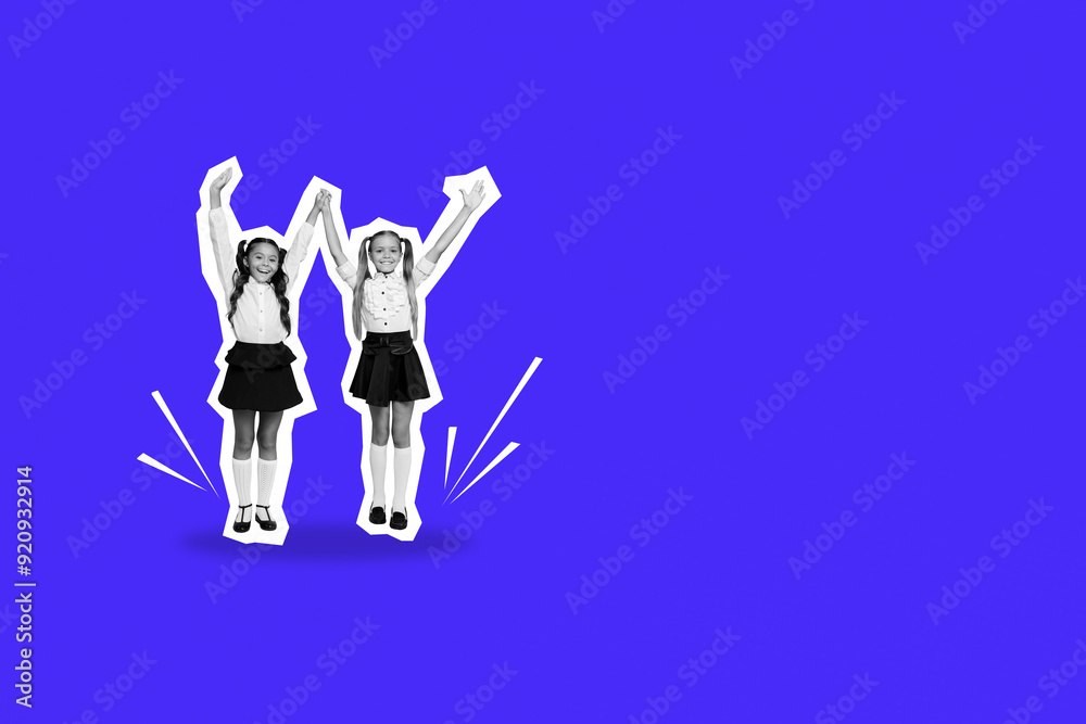 Composite photo collage of two happy girls school classmates autumn study friends wear uniform ponytails isolated on painted background Composite photo collage of two happy girls school classmates autumn study friends wear uniform ponytails isolated on painted background