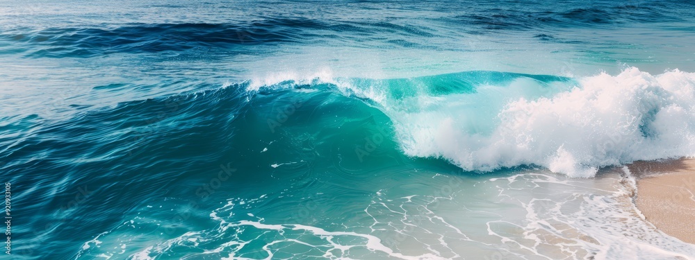 Fototapeta premium A wave crashes onto a sandy shore, its white crest touching a body of water Another wave forms atop it