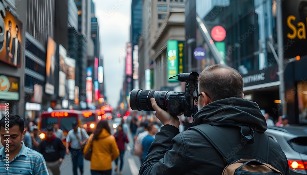 A photographer capturing the hustle and bustle of a busy city street A photographer capturing the hustle and bustle of a busy city street