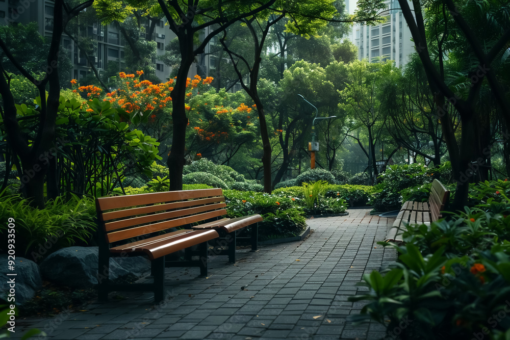 Peaceful pathway in an urban park with wooden benches, surrounded by greenery and orange flowers, with residential buildings in the backdrop Peaceful pathway in an urban park with wooden benches, surrounded by greenery and orange flowers, with residential buildings in the backdrop