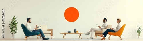 Two professionals engaged in a discussion in a modern office space with a vibrant orange circle on the wall.