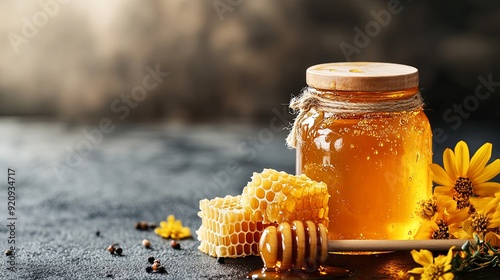 Golden Sweetness. Natural honey in a glass jar accompanied by a honey dipper photo