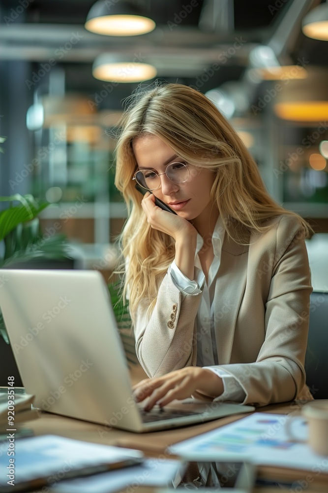 Businesswoman in Beige Blazer Typing on Laptop While on Phone Call