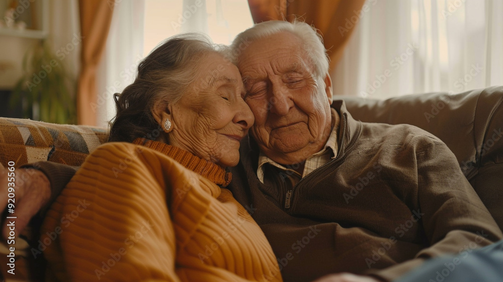 Portrait of senior couple hug on sofa for bonding at home Portrait of senior couple hug on sofa for bonding at home