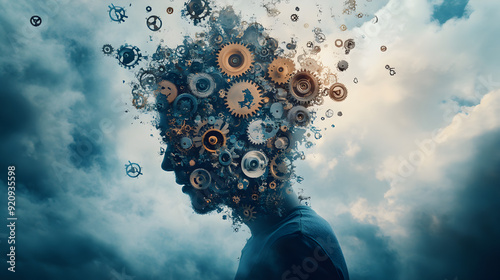 A cloud of fragmented, floating gears above a person’s head, illustrating the disarray and constant overthinking associated with mental illness.


 photo