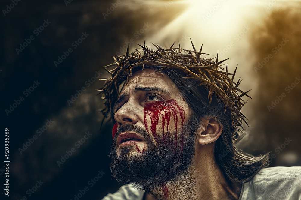 Close-up of Jesus, hi features etched with pain. Blood streaks down his face from the crown of thorns. He looks up, a shaft of light breaking through the dark clouds as the heavens open above him. Close-up of Jesus, hi features etched with pain. Blood streaks down his face from the crown of thorns. He looks up, a shaft of light breaking through the dark clouds as the heavens open above him.