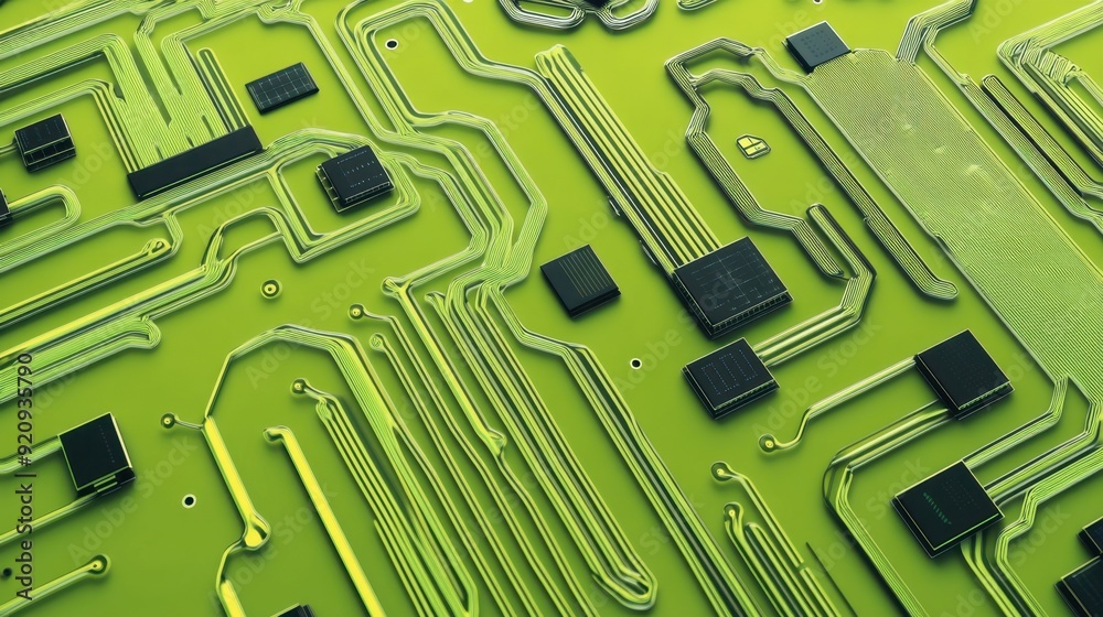 Green Circuit Board Landscape with Integrated Circuit Chips Green Circuit Board Landscape with Integrated Circuit Chips