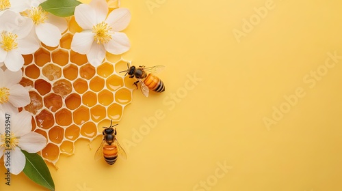 Honey drips down the honeycomb as bees buzz around white flowers set against a vibrant yellow background, showcasing nature’s bountiful food source photo