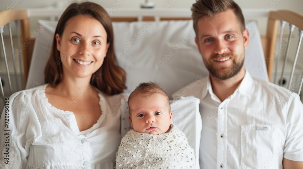 Happy Parents Admiring Newborn Baby in Hospital Crib with Soft Blanket Happy Parents Admiring Newborn Baby in Hospital Crib with Soft Blanket
