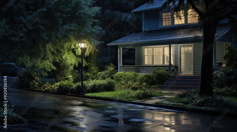 A house with a porch light is illuminated in the rain. The house has a front porch with a railing. A streetlamp is visible on the left. A house with a porch light is illuminated in the rain. The house has a front porch with a railing. A streetlamp is visible on the left.