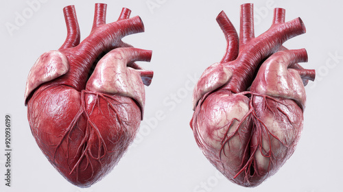 Anatomy of the human heart, shown from the front and side views, in 3D illustration.