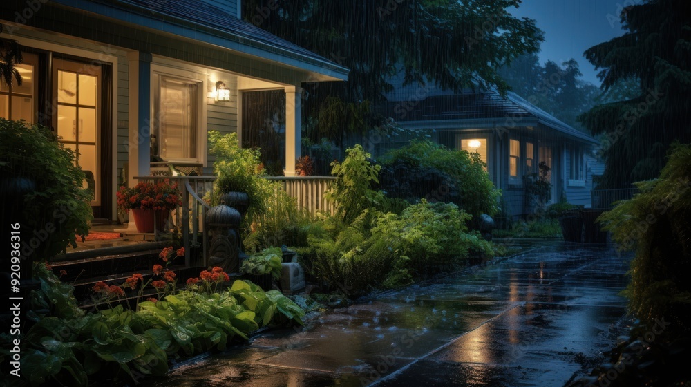A house with a porch light on a rainy night, with lush greenery and a wet walkway in the foreground. A house with a porch light on a rainy night, with lush greenery and a wet walkway in the foreground.