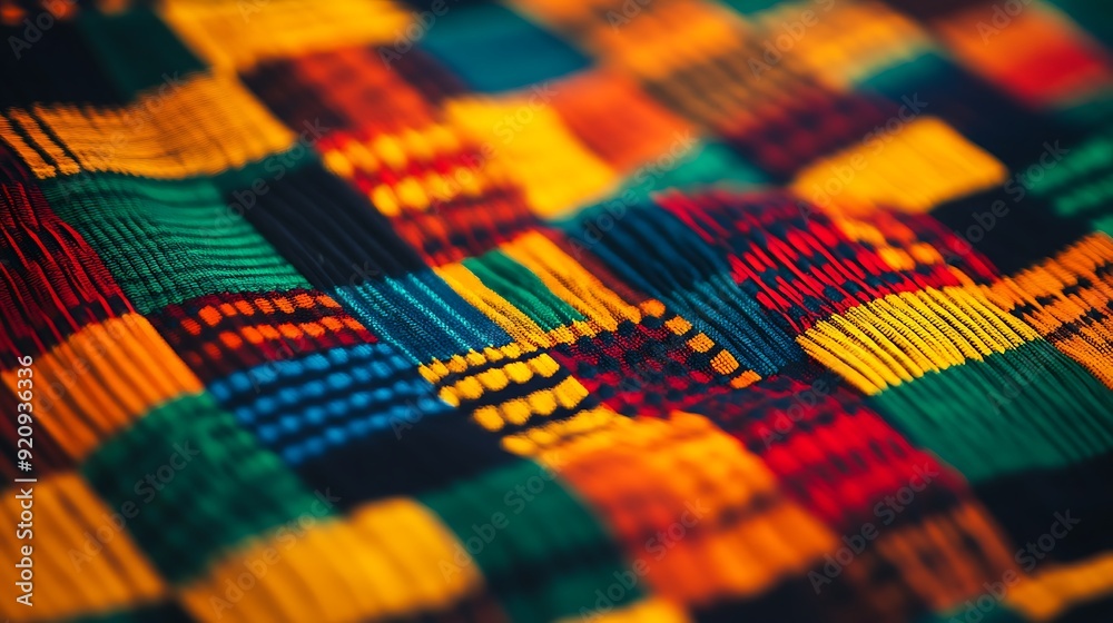 Close-Up of African Kente Cloth from Ghana with Bold and Vibrant Patterns Close-Up of African Kente Cloth from Ghana with Bold and Vibrant Patterns