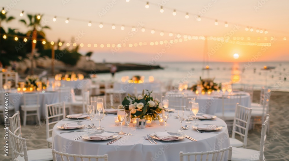 Fototapeta premium Romantic Beach Wedding Reception at Sunset with String Lights Illuminating Tables on Sand