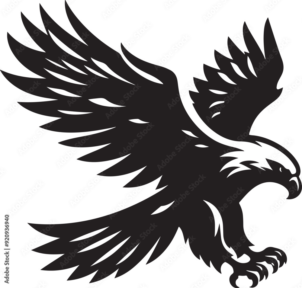 Fototapeta premium A powerful eagle silhouette in flight, wings spread wide with sharp, defined lines, symbolizing freedom and strength.