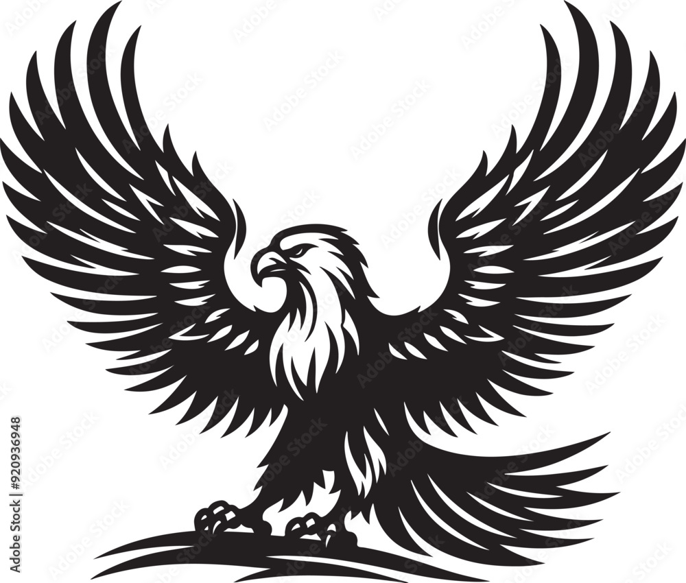 A powerful eagle silhouette in flight, wings spread wide with sharp, defined lines, symbolizing freedom and strength. A powerful eagle silhouette in flight, wings spread wide with sharp, defined lines, symbolizing freedom and strength.