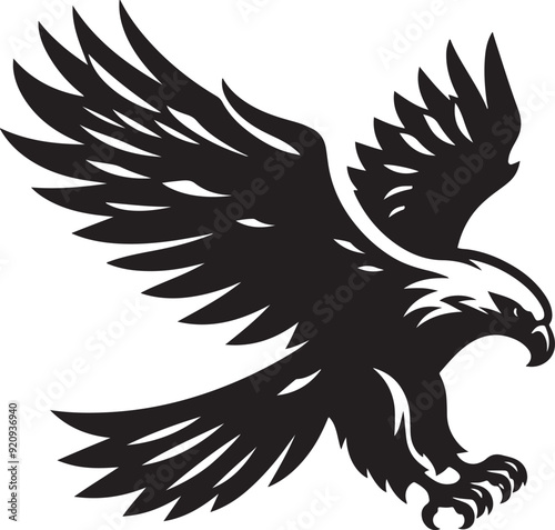 A powerful eagle silhouette in flight, wings spread wide with sharp, defined lines, symbolizing freedom and strength.