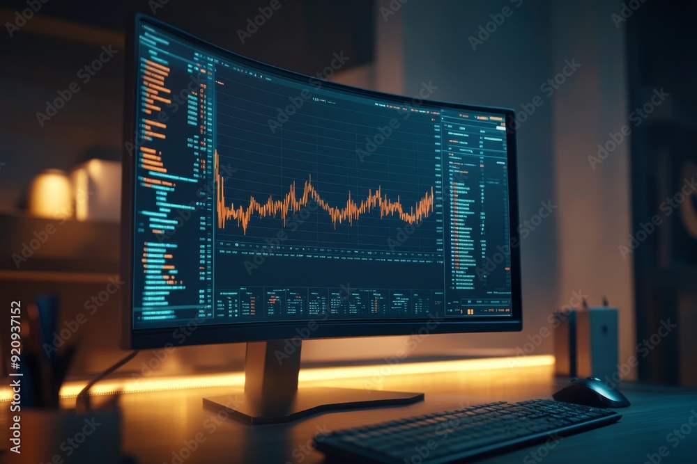 A glowing computer monitor displays a detailed cryptocurrency chart, with fluctuating lines and bars illuminating a cozy workspace during nighttime hours A glowing computer monitor displays a detailed cryptocurrency chart, with fluctuating lines and bars illuminating a cozy workspace during nighttime hours